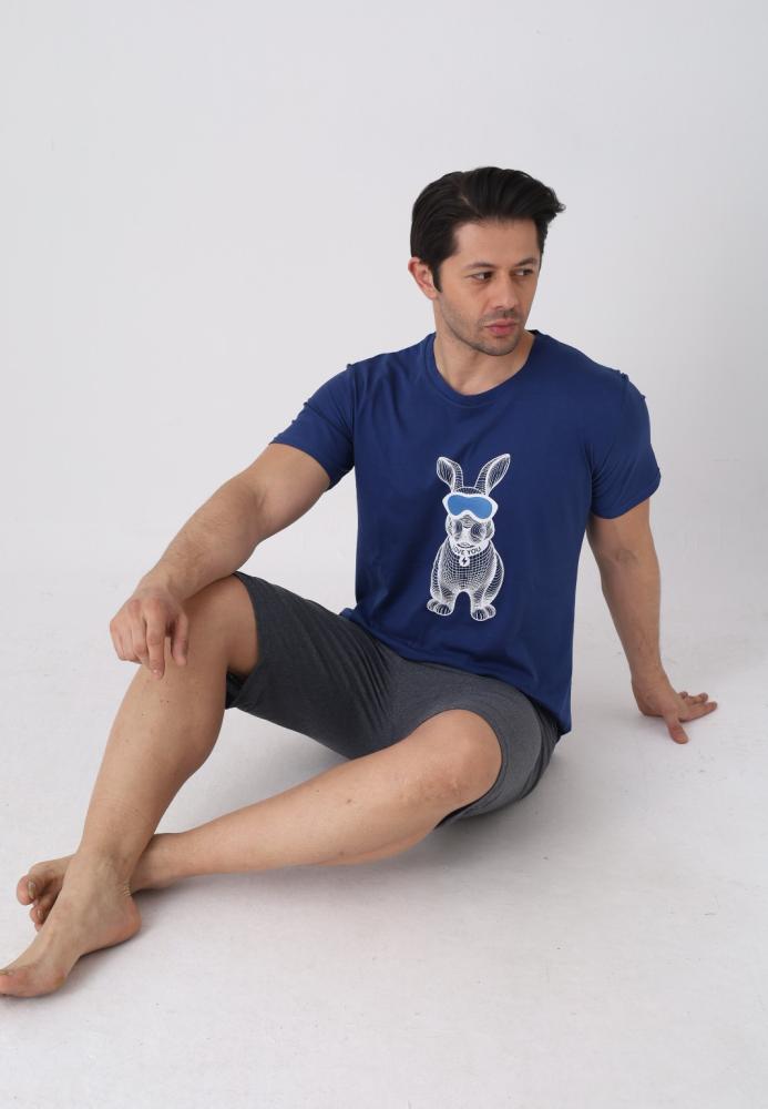 Pijama barbat cu maneca scurta si pantaloni 3/4, culoare bleumarin, Engros